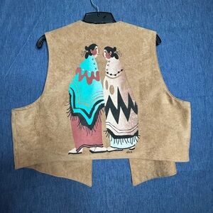 Suede Western-Inspired Tan Vest with Turquoise & Pink Artwork